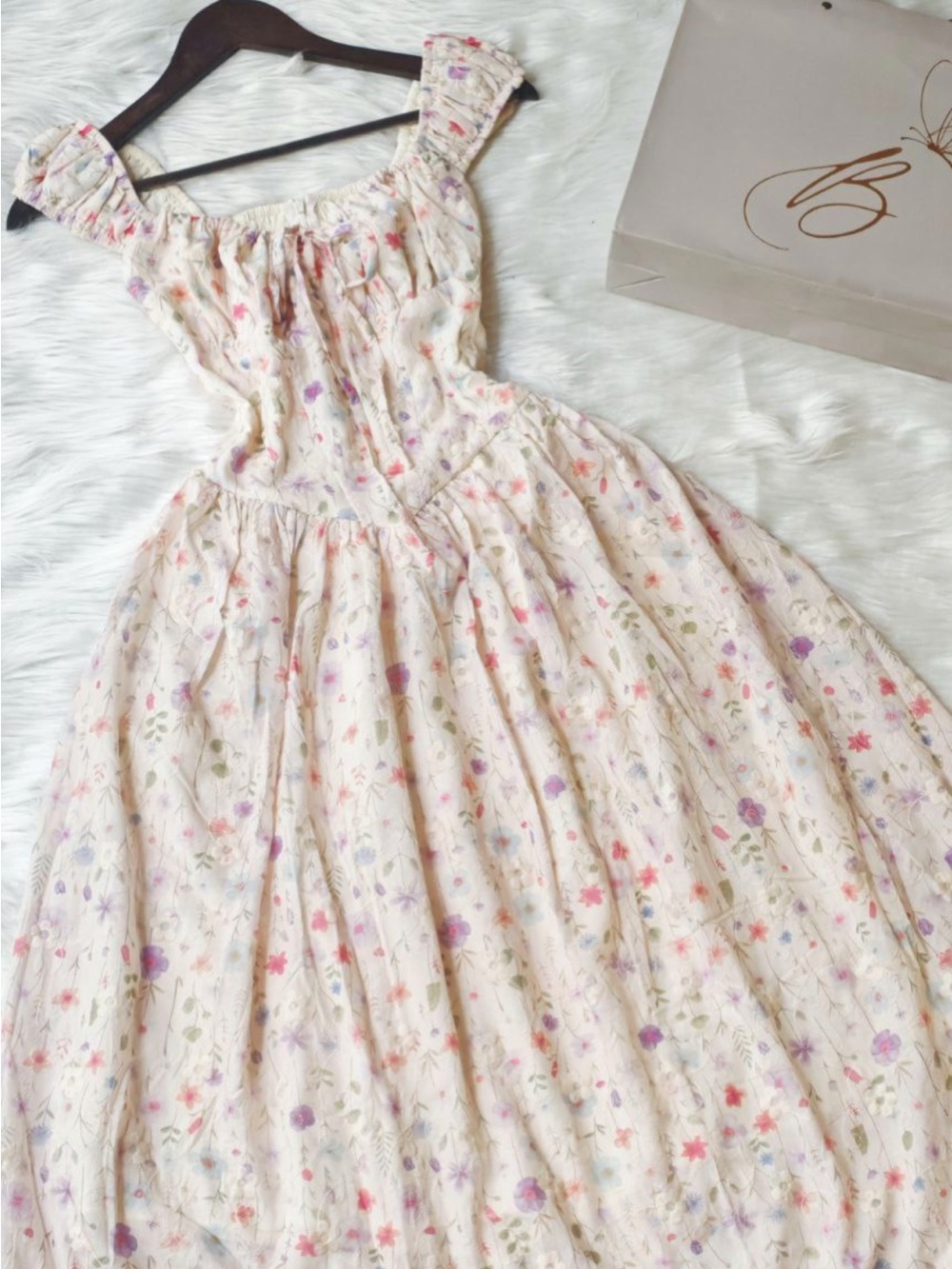 Girls Cream Floral Sundress with Pink & Purple Accents